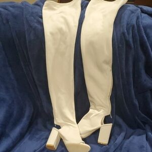 RAYE Cream Thigh High Over-the-Knee Peep Toe Open Heel Back Zip Boots